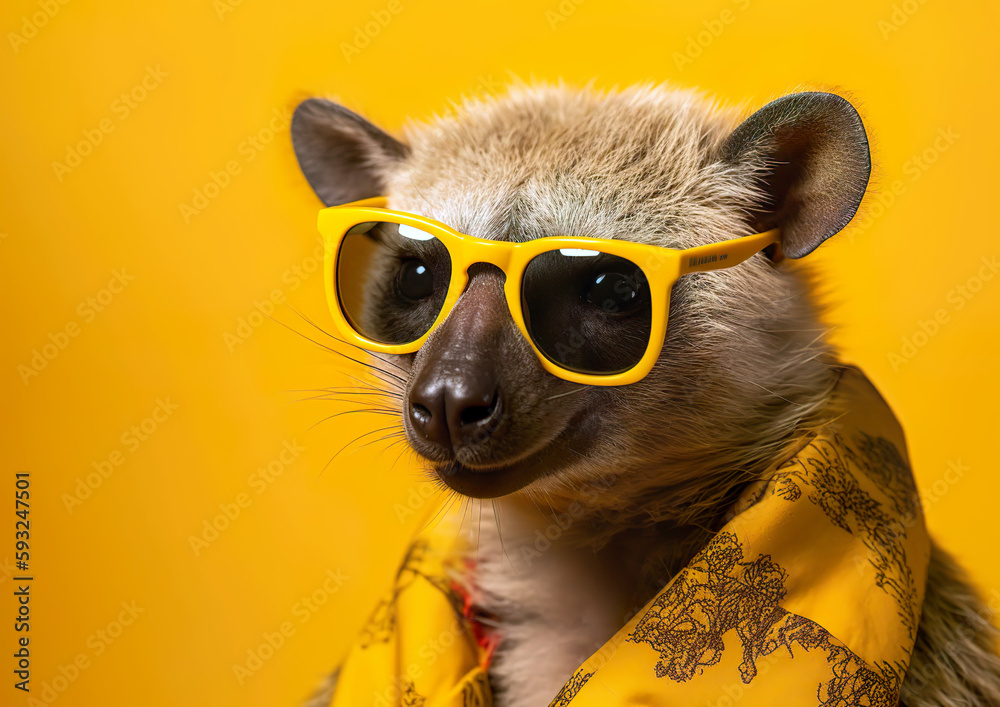 Cool mongoose in sunglasses posing in front of a yellow background. Despite being in an unfamiliar environment, the animal feels good. AI generated illustration.