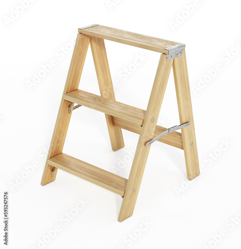 Wooden three step folding ladder. 3D illustration