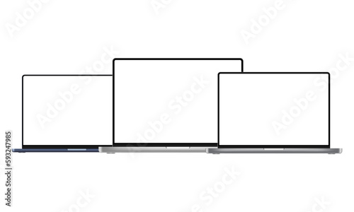 Laptops Silver, Space-Gray, Dark-Blue Mockups With Blank Screens, Isolated on White Background. Vector Illustration