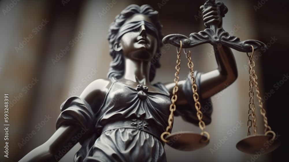 Bronze statue of the Goddess of Justice Themis, holding the Law Scales in her hands, on a blurred dark background. Copy space. Based on Generative AI Bronze statue of the Goddess of Justice Themis, holding the Law Scales in her hands, on a blurred dark background. Copy space. Based on Generative AI