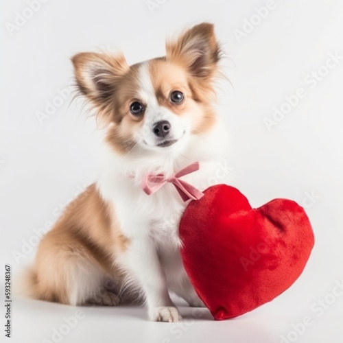 Cute Little Dog With Large Red Heart Pillow On Monotone Background