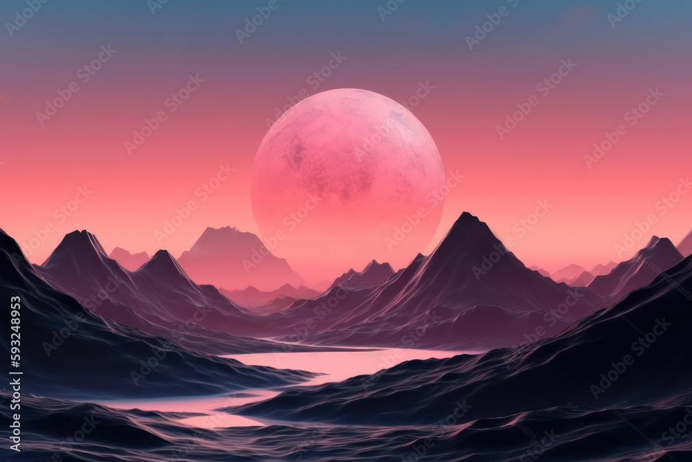 The Futuristic landscape.Bright orange planet against mountains with blurry background. Abstract retro minimalism relief mountain landscape with blurred background. Generative AI