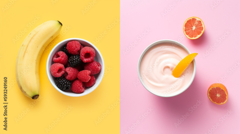 a bowl of yogurt next to a bowl of fruit, concept art, pink and yellow. Generative Ai