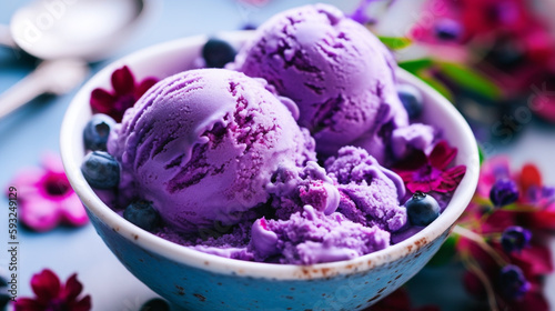 two scoops of blueberry ice cream in a bowl, purple ice, mango. Generative Ai