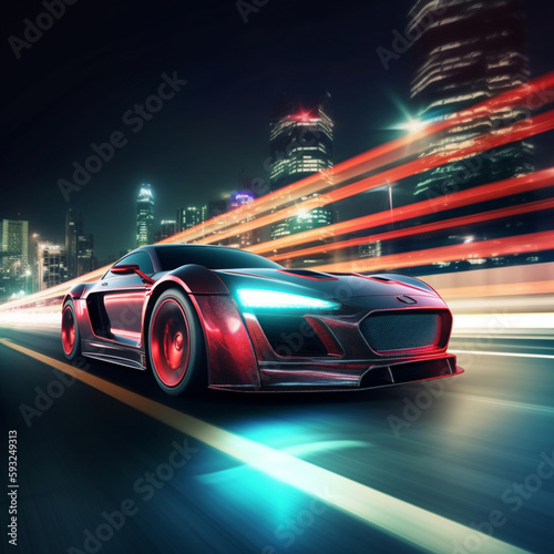 Luxury Sports Car Driving At Night With Speed Blur