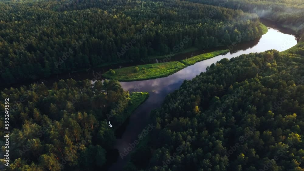 Aerial photography of kayaking or canoe on the river and forest Aerial photography of kayaking or canoe on the river and forest