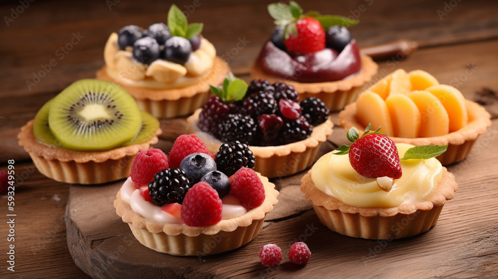 a bunch of cupcakes on a wooden table, still life, renaissance, berries. Generative Ai a bunch of cupcakes on a wooden table, still life, renaissance, berries. Generative Ai
