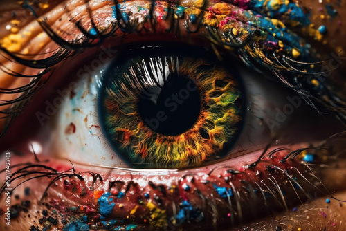 Vibrant rainbow makeup on female eye with close-up details of pupil and iris. Beautiful model showcasing her artistry and style. Ideal for cosmetic and fashion photography. AI Generative.