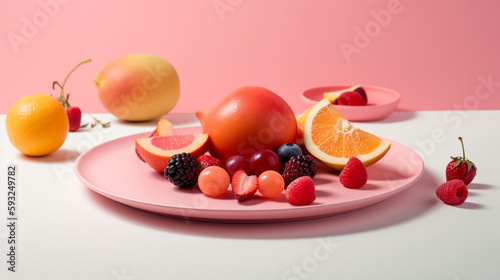 pink fruit plate on a white table, light red and orange mood, smooth rounded shapes, matte surface. Generative Ai