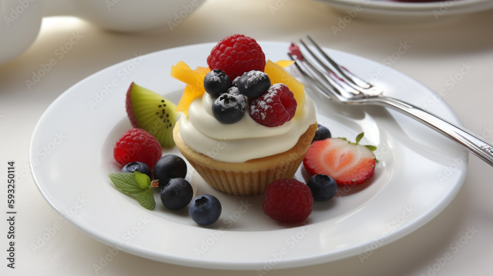 white plate with cupcake covered with fruit. Generative Ai white plate with cupcake covered with fruit. Generative Ai