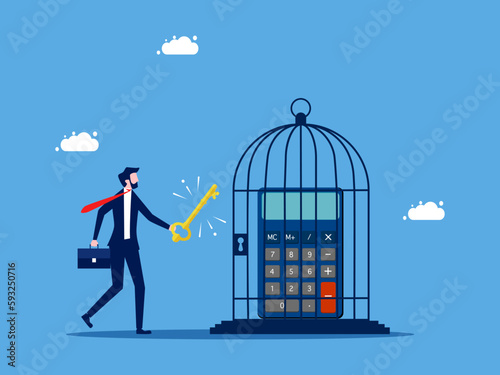 Unlock your freedom of thought and finances. Businessman unlocks the calculator in the cage. concept of finance and investment vector