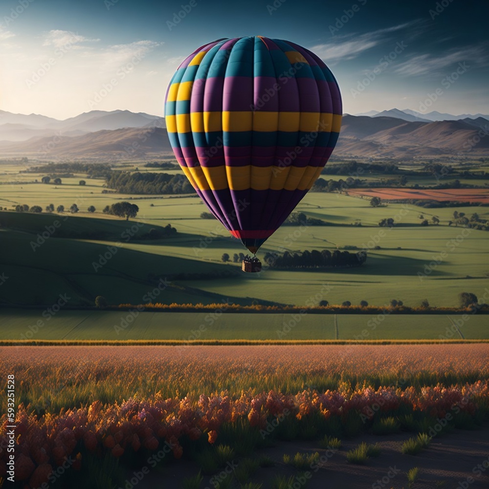 Fototapeta premium A colorful hot air balloon floating peacefully over a patchwork landscape of fields and meadowsGenerative AI