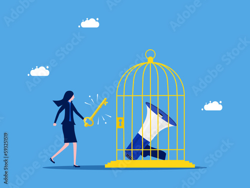 Unlock communication and advertising. Businesswoman unravels a cannon in a cage vector