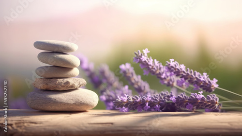 Stones and lavenders on wooden desk on background of lavender field. Spa still life in pastel colors. Copy space. Based on Generative AI