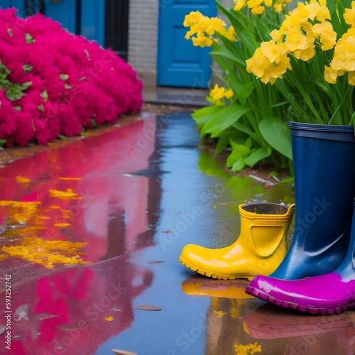 A pair of rain boots splashing through a puddle on a cobblestone street, surrounded by colorful spring blooms.

Generative AI