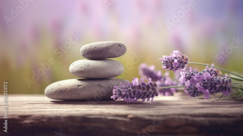 Stones and lavenders on wooden desk on background of lavender field. Spa still life in pastel colors. Copy space. Based on Generative AI