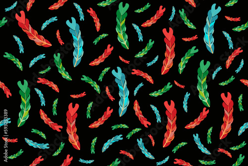 Seamless pattern with colorful Feathers on black background. Endless ornament with Feather. Wallpaper and bed linen print. Vector illustration.