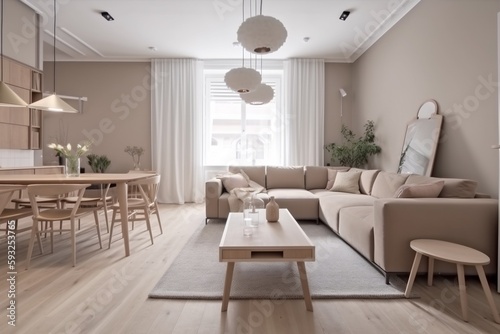 interior stylish green modern apartment carpet lifestyle pillow beige window sofa room. Generative AI.