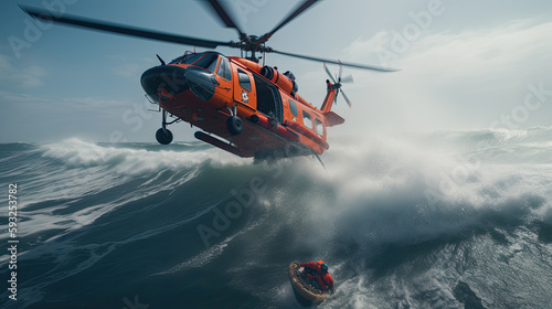 Rescue team descending from a helicopter at a ship in distress.