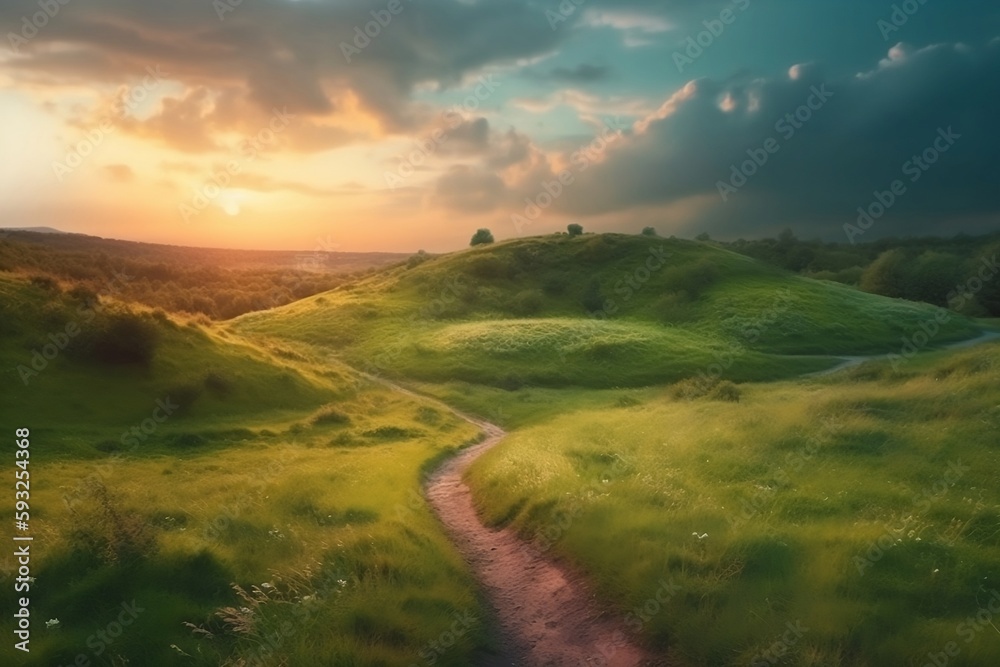 sunset over the field. Generative AI. sunset over the field. Generative AI.