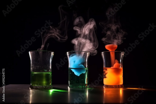 Beakers and test tubes with colorful chemicals in them, Generative Ai