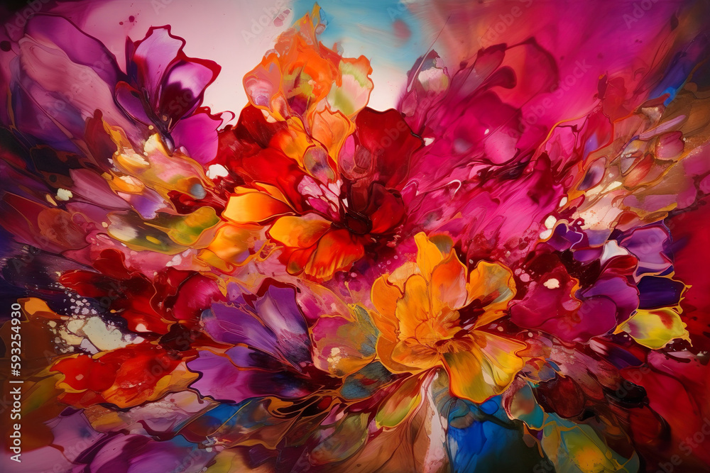 Abstract painting of flowers in various colors. Generative Ai