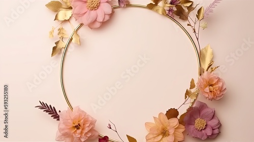 Luxurious flowers arranged around the circle frame. Floral abstract background with copy-space. Texture for card, celebration, birthday, wedding, anniversary. Generative AI. 