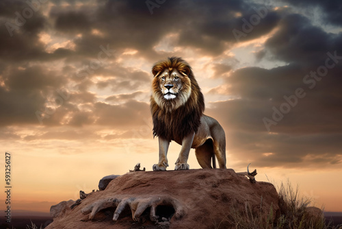 Striking and Vivid Image of Powerful & Healthy Lion Standing Atop a Mountain - Majesty and Strength in Nature © Tvrtko