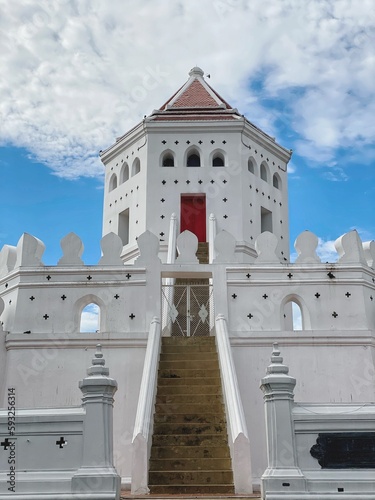 Details of Santi Chai Pracan Fort historical white building in the Santichaiprakarn Park in Bangkok,Thailand. photo