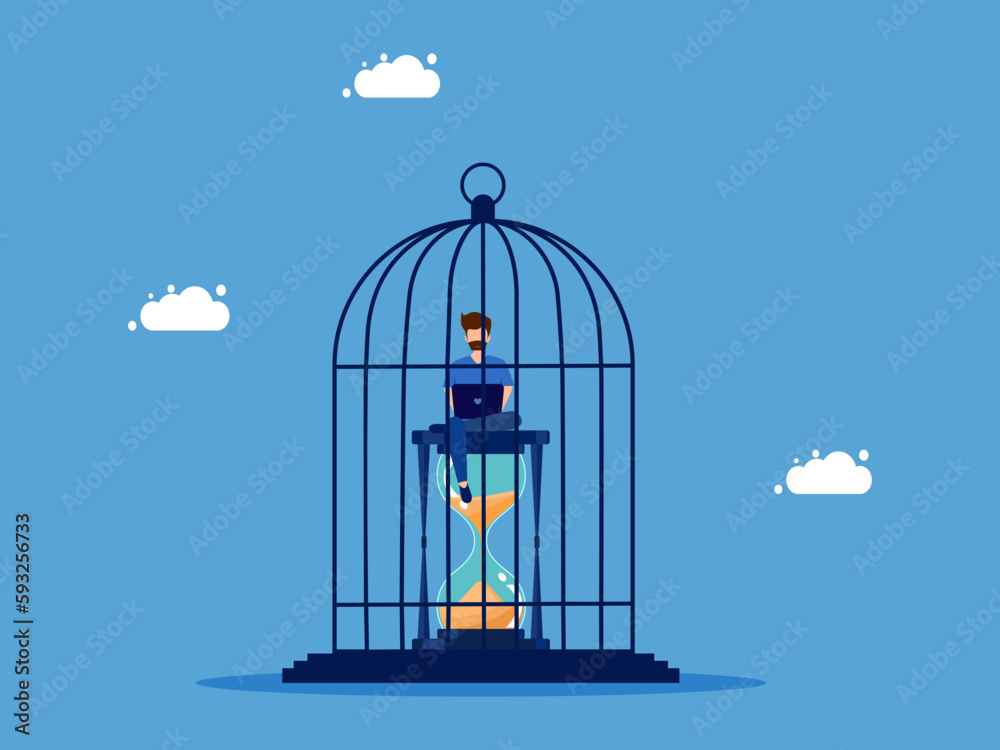 Working time trap. man working on laptop in birdcage with hourglass vector