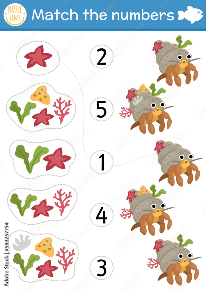Fototapeta premium Match the numbers under the sea game with hermit crab and his shell house. Ocean life math activity for preschool kids. Marine educational counting worksheet with cute water animal.