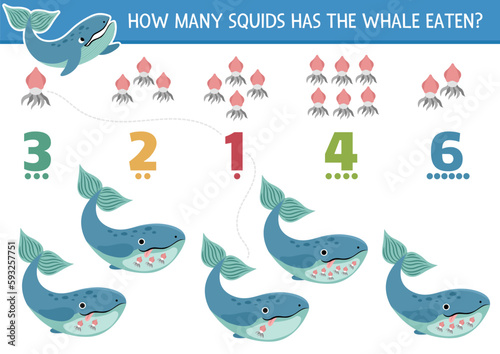 Match the numbers under the sea game with whale eating squid. Ocean life math activity for preschool kids. Marine educational counting worksheet with cute water animals.