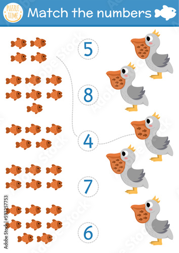 Match the numbers under the sea game with pelican eating fish. Ocean life math activity for preschool kids. Marine educational counting worksheet with cute water animals and bird.