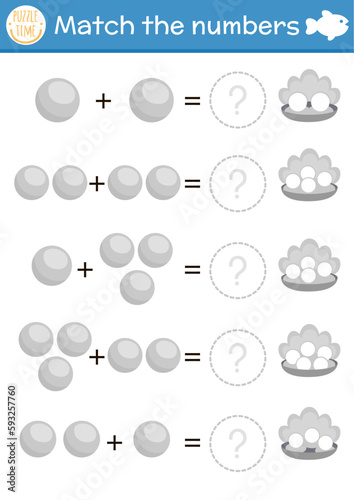 How many pearls game. Under the sea math addition activity for preschool children. Simple ocean life printable counting worksheet for kids with seashell and jewelry.