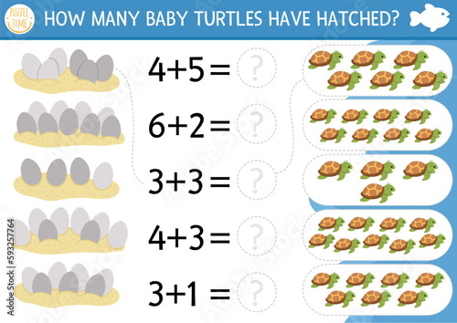 How many baby turtles have hatched game. Under the sea math addition activity for preschool children. Simple ocean life printable counting worksheet for kids with cute water animals and eggs in sand.