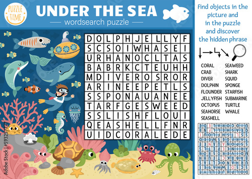 Vector under the sea word search puzzle for kids. Simple ocean life word search quiz for children. Water animals and fish educational activity with octopus, diver, submarine, whale, dolphin.