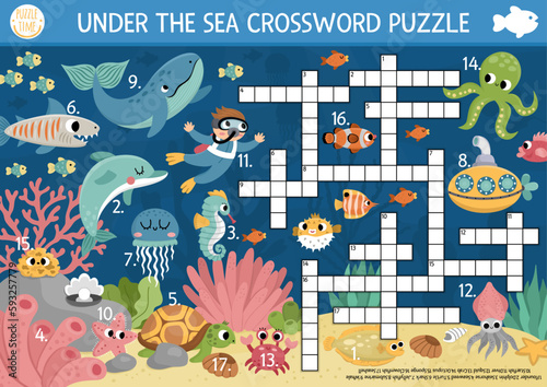 Vector under the sea crossword puzzle for kids. Simple ocean life quiz with marine landscape for children. Educational activity with fish, submarine, water animals, diver. Cute cross word.