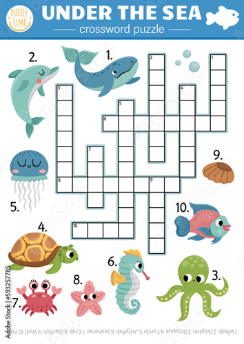 Vector under the sea crossword puzzle for kids. Simple ocean life quiz with for children. Educational marine activity with fish, water animals, whale, dolphin, octopus. Cute cross word. photo