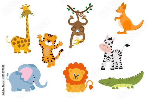 Set kids safari animals.  Cute baby animals: giraffe, tiger, elephant, monkey, kangaroo, lion, zebra, crocodile.  Vector illustration for designs, prints, patterns. Isolated on white background