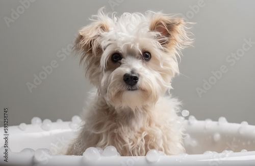 Cute fluffy bobtail puppy takes a bath filled with foam, a kawaii dog with fluffy fur sits in a bathtub. looking at the camera, cute pet, pet washing, generative ai
