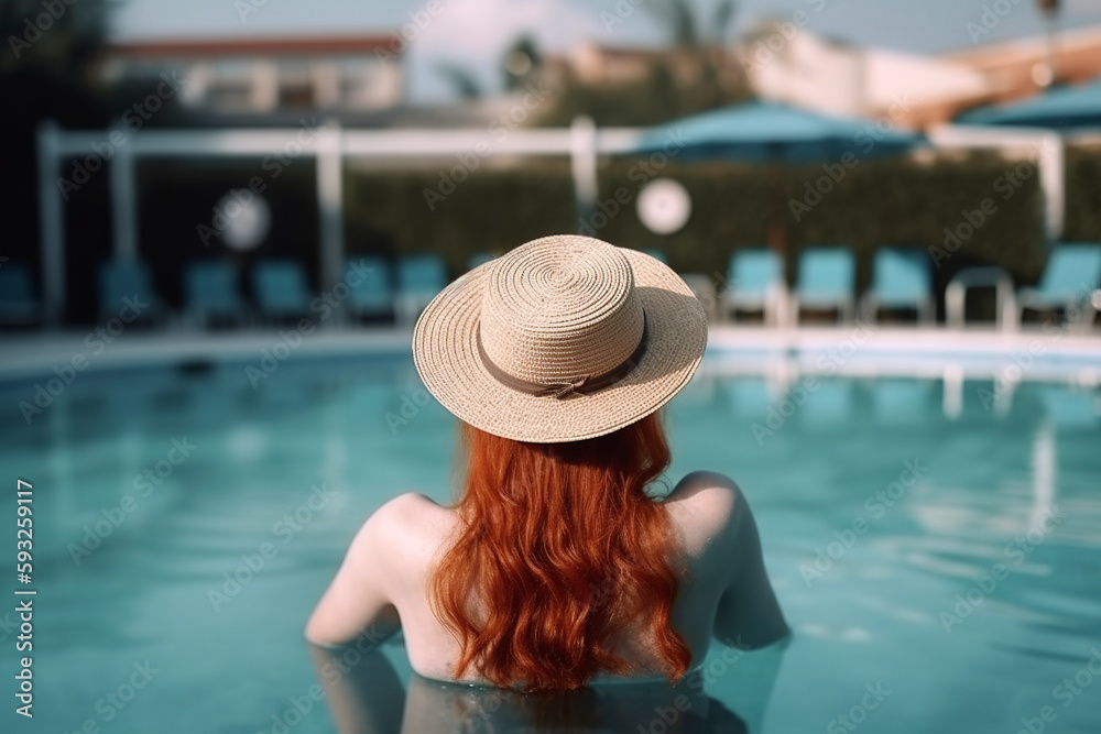 Generative AI illustration of Young woman with long hair wearing hat relaxing in swimming pool at tourist resort during