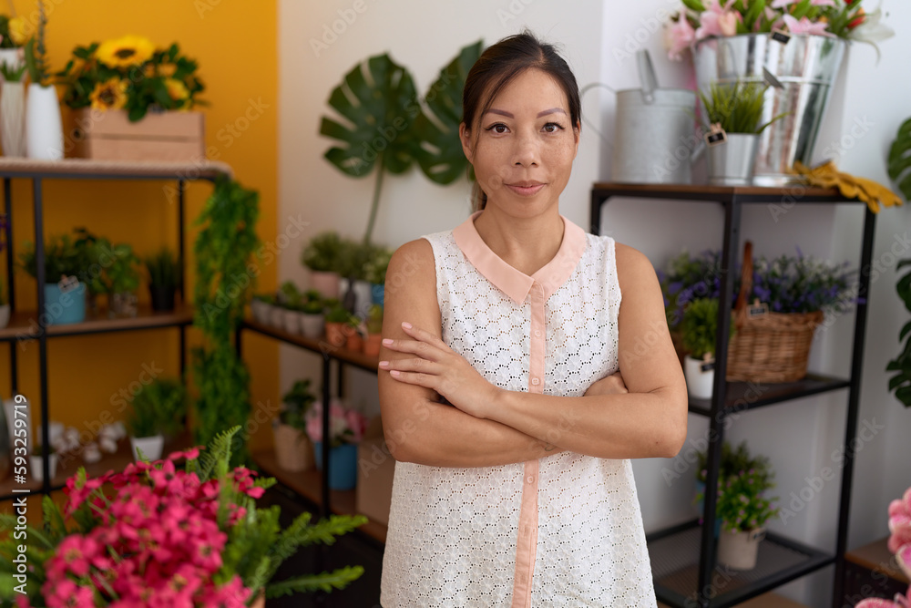 Young asian woman florist smiling confident standing with arms crossed gesture at flower shop Young asian woman florist smiling confident standing with arms crossed gesture at flower shop