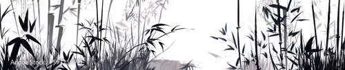 Japanese sumi-e style bamboo painting. Japanese ink painting of a bamboo. Extra wide format. Generative AI.
