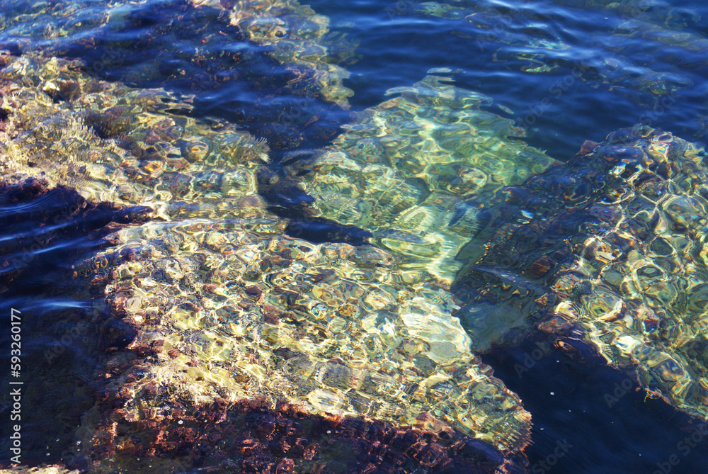 Fototapeta premium Stones at the bottom of the sea, sun glare on the water, underwater world, nature. Background. 