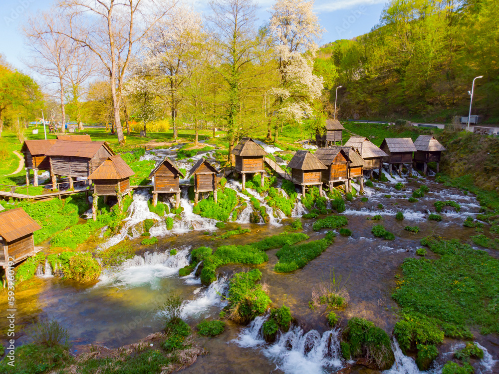 Wooden watermills in Jajce were used by local farmers. Aerial view
