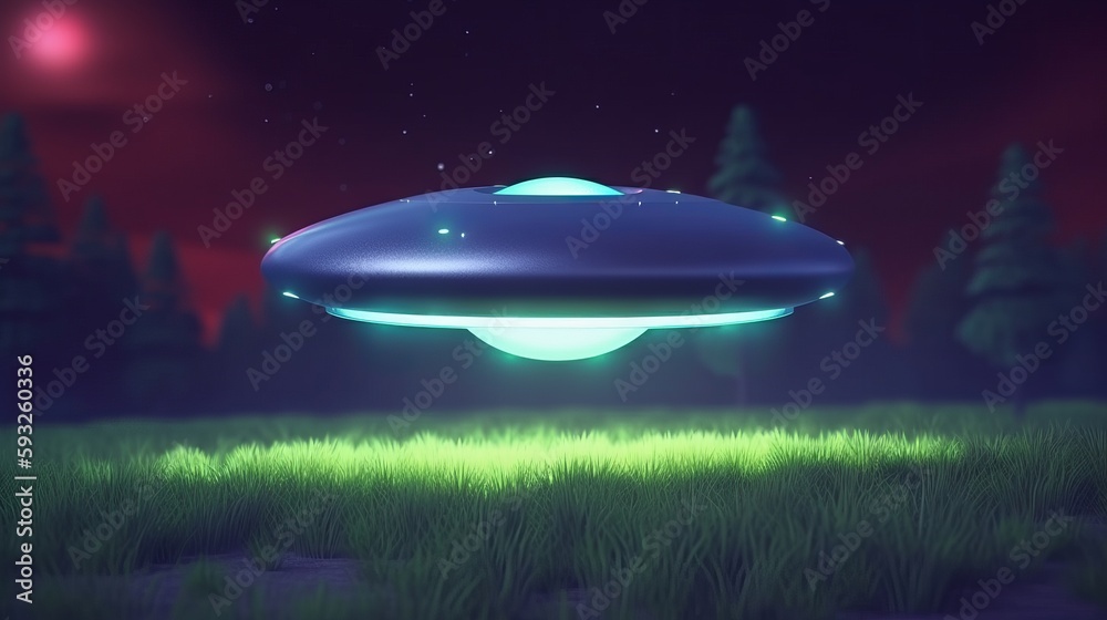 Generative ai of Cartoon UFO at night with light beam Generative ai of Cartoon UFO at night with light beam