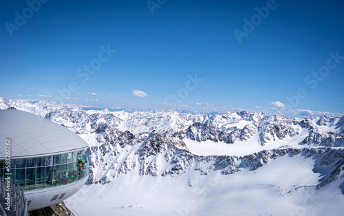 View of the ski slope and mountains from a height of 3440 m in Pitztal, Austria