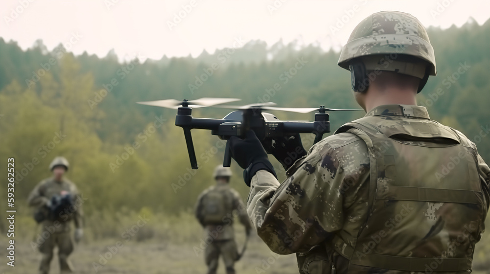 A military soldier with a reconnaissance drone in his hands against the backdrop of a forest, rear view. AI generated A military soldier with a reconnaissance drone in his hands against the backdrop of a forest, rear view. AI generated