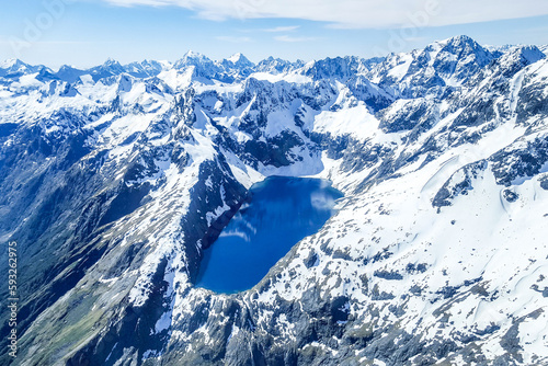 Blue lake on top of snowy mountains. Location South Island in New Zealand 