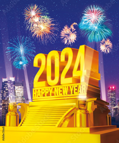 Golden Happy New Year 2024 on a platform against city skyline with fireworks celebration